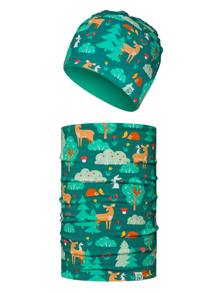 Ensemble bonnet tricoté léger / cache-cou pour enfants Amis de la forêt