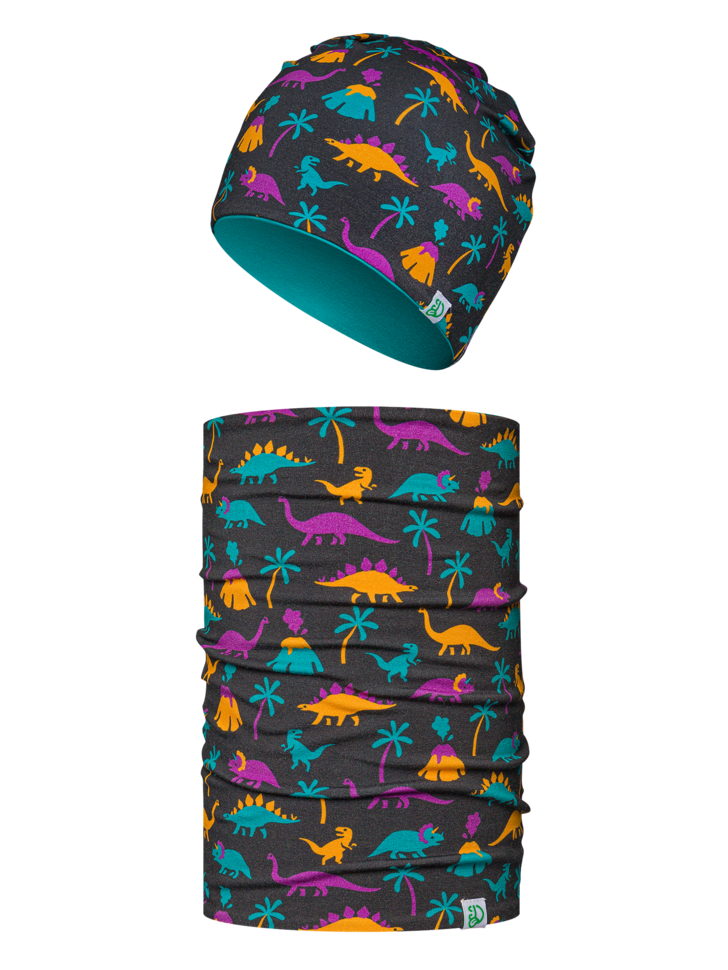 Ensemble bonnet tricoté léger / cache-cou pour enfants Dinosaures et volcans