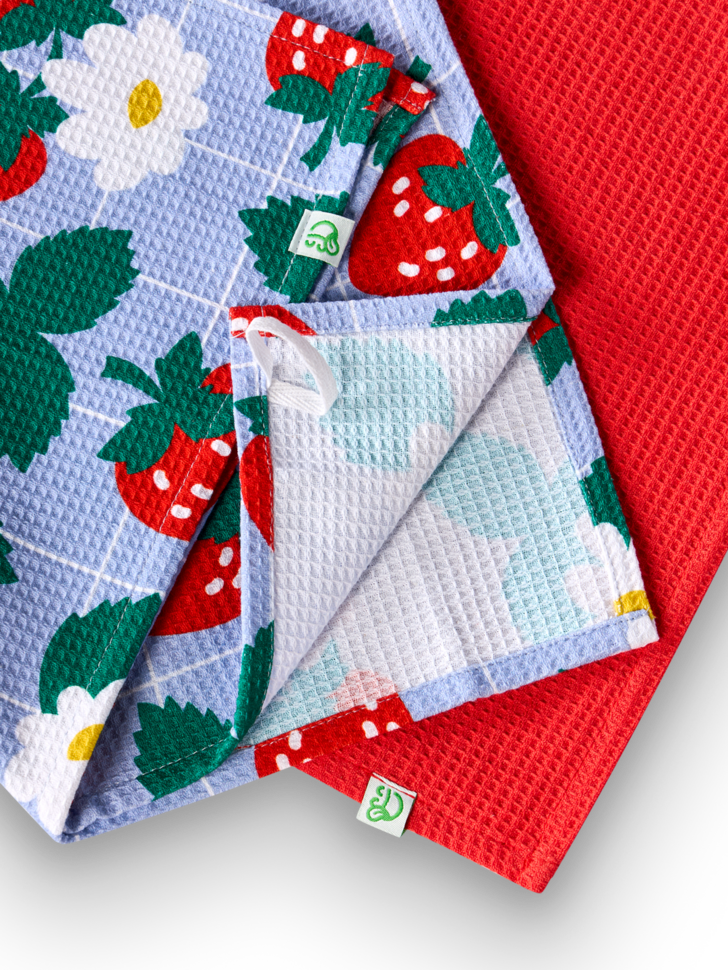 Paquet de 2 serviettes de cuisine Fraises et fleurs