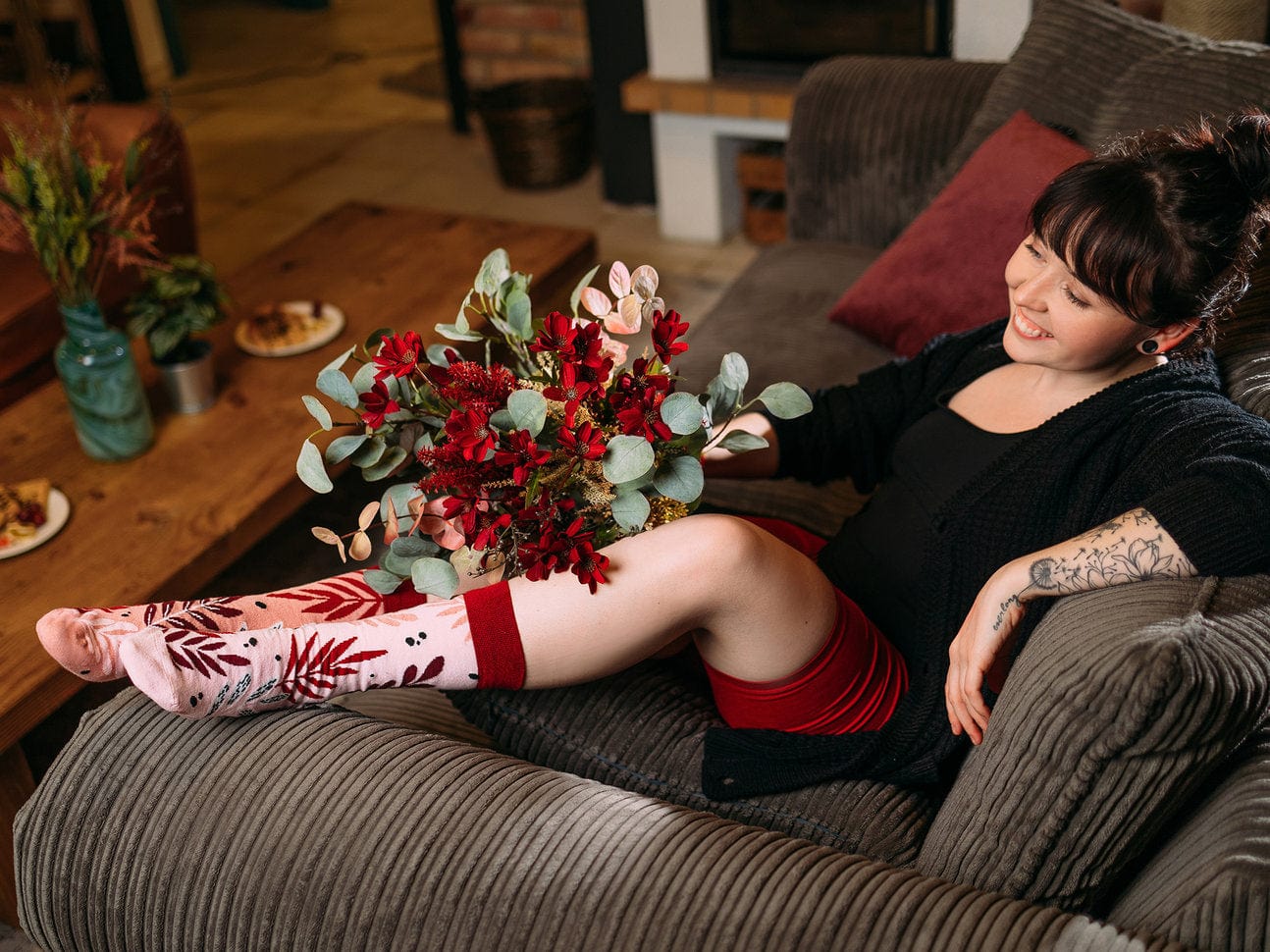 Le Bar a Chaussettes - Chaussettes Coton Recyclé Feuilles Roses
