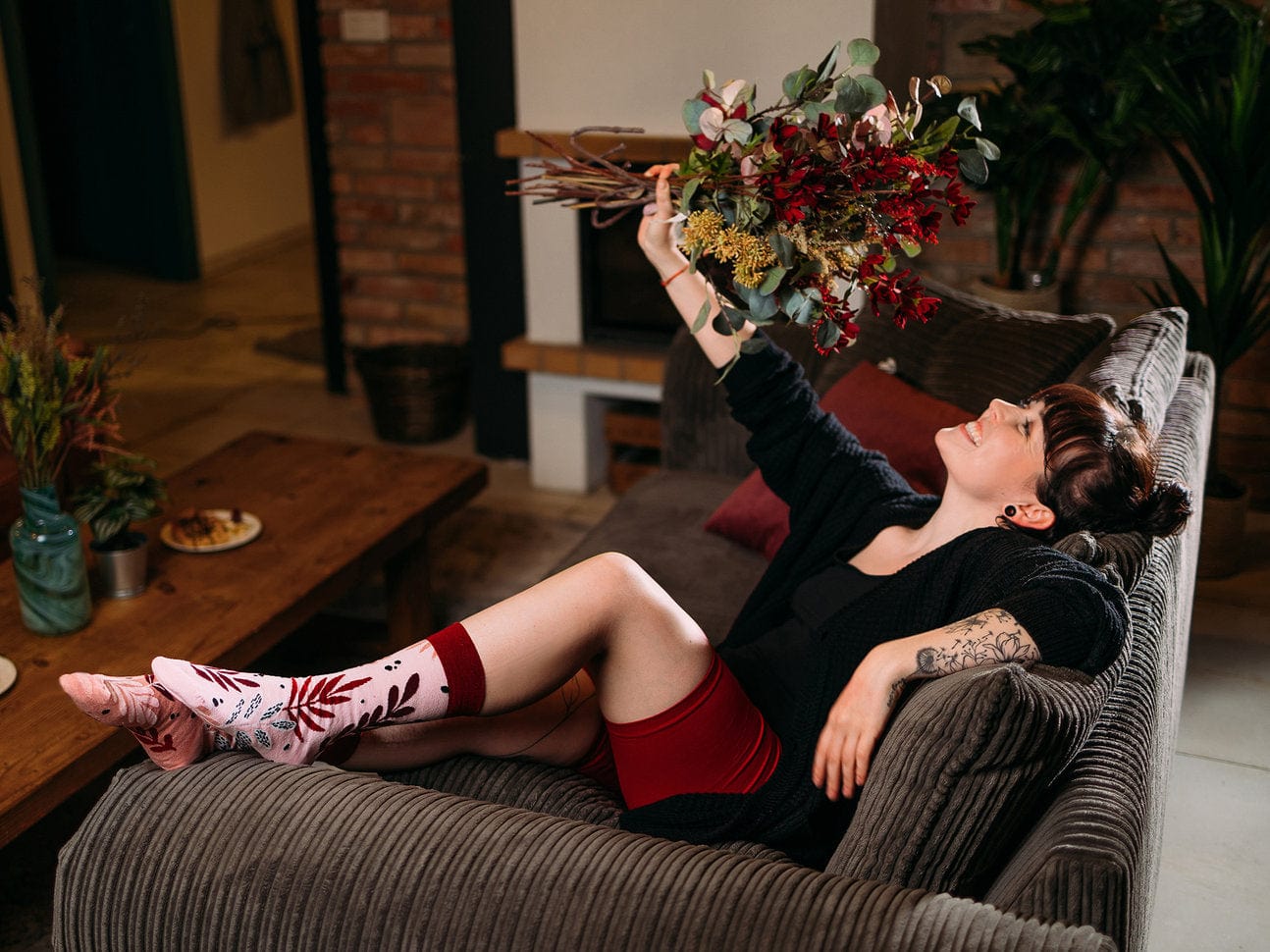 Le Bar a Chaussettes - Chaussettes Coton Recyclé Feuilles Roses
