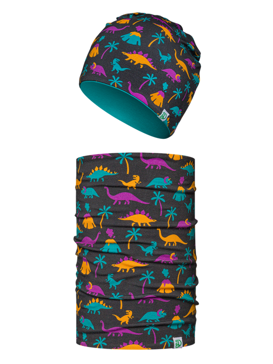 Ensemble bonnet tricoté léger / cache-cou pour enfants Dinosaures et volcans