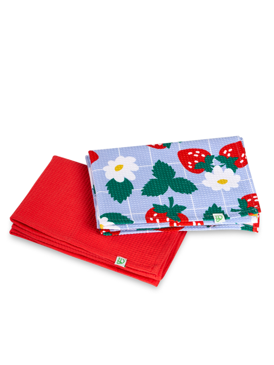 Paquet de 2 serviettes de cuisine Fraises et fleurs