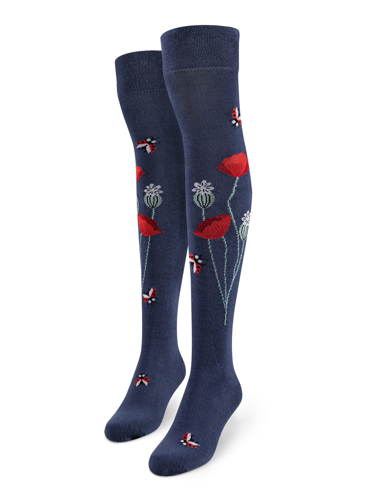 Chaussettes au-dessus des genoux Coccinelles et fleurs de pavot